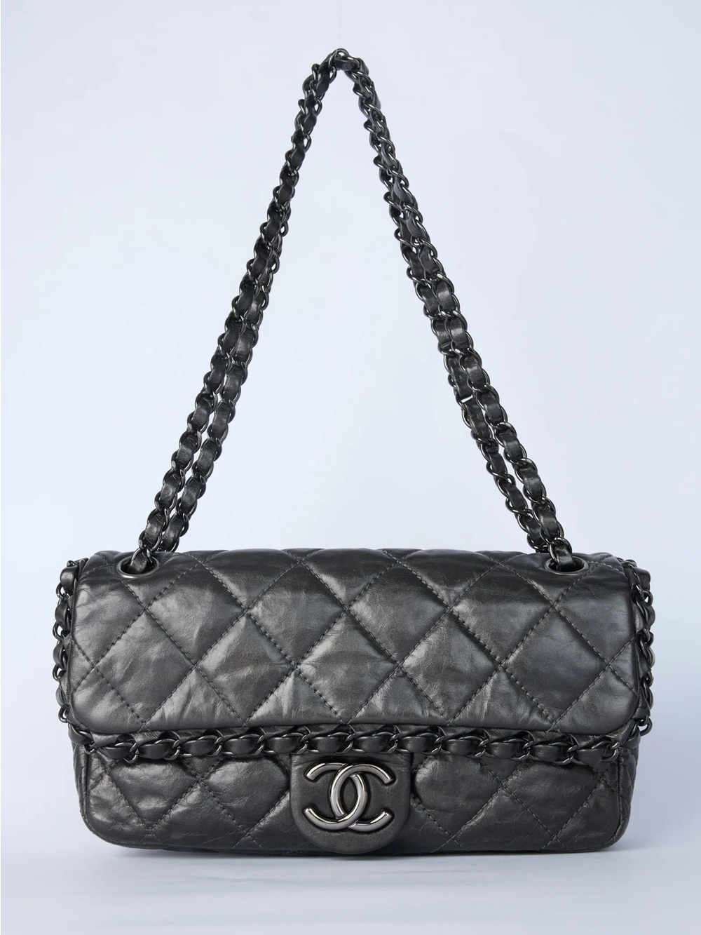 CHANEL Gunmetal Quilted Lambskin Shoulder Bag with Chain Strap
